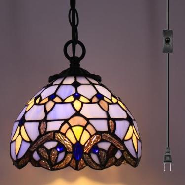 Imagem de SYETL Pequeno Pendente Tiffany, Luminária De Vidro Colorido, Plug In, Luminária Suspensa, 8 Polegadas, Altura Ajustável, Lustre Suspenso, Luminária Para Casa, Cozinha, Ilha, Sala De Jantar, Corredor