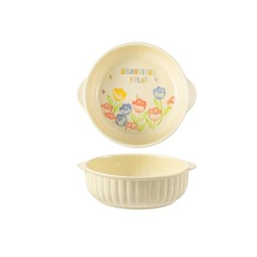 Imagem de Conjunto de pratos criativos em estilo japonês, utensílios de mesa de cerâmica para uso doméstico, tigela de sopa de arroz - tigela de orelha dupla listrada de 19 cm - esmalte amarelo