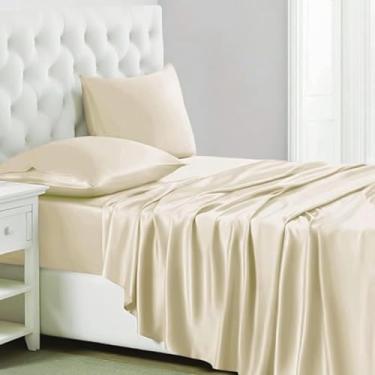 Imagem de Blessings Decor Lençóis de algodão premium qualidade hoteleira 600 fios 100% cetim trançado lençóis lisos com elástico profundo lençol com fronha (bege, queen (padrão dos EUA))