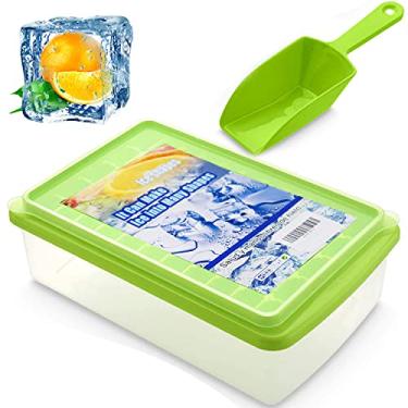Imagem de Bandeja para cubos de gelo com tampa, bandeja de gelo de fácil liberação grande, colher de gelo e caixa de armazenamento, bandejas de gelo reutilizáveis para uísque, coquetéis, freezer, sobremesa
