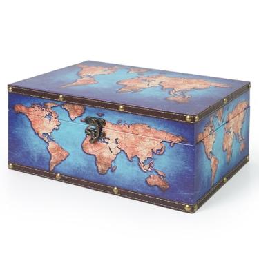 Imagem de DreamsEden Grande caixa de armazenamento decorativa de madeira, mapa-múndi vintage, lembrança de baú do tesouro, presente de decoração de casa, 35 cm C x 22 cm L x 15 cm A