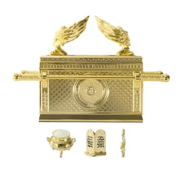 Imagem de BRTAGG Réplica do modelo histórico da Arca da Aliança com vara de Aaron/Maná/Dez Mandamentos, estatueta decorativa religiosa banhada a ouro Israel judaico colecionável (escala 1:16, 11,7 cm de