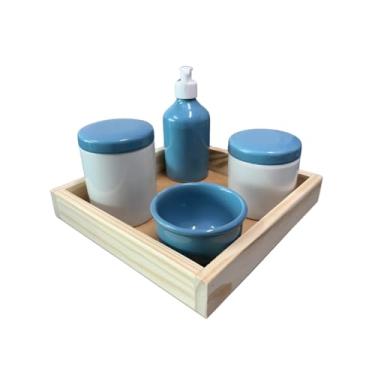 Imagem de Kit Higiene Bebê Porcelana c/Bandeja - Menino e Menina (POTES BRANCOS/MOLHEIRA E SABONETEIRA AZUL/TAMPA AZUL/BANDEJA QUADRADA)