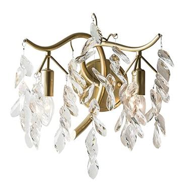 Imagem de Luminária de parede de cristal moderna com acabamento clássico em latão - Luminária de parede estilo europeu para decoração de sala de estar interna, corredor, hall de entrada - Soquete 2xE1