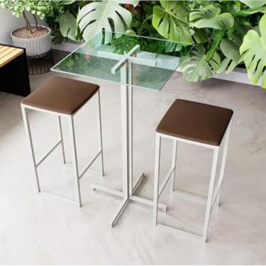 Imagem de Conjunto Mesa Alta Bar Bistrô Quadrada Vidro 2 Bancos Estofado Industrial White (Marrom)