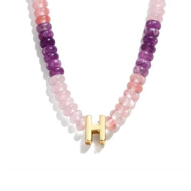 Imagem de Colar com inicial feminina moderna, colar gargantilha colorida com pedras preciosas naturais com contas folheadas a ouro 14K, boêmio, feito à mão, ametista arco-íris, colar com contas, melhores