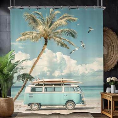 Imagem de Yookeb Cortina de chuveiro para banheiro litorânea Sea Beach 152 cm x 188 cm palmeira tropical cenário de verão paisagem acampamento ônibus tecido poliéster 12 ganchos de plástico à prova d'água