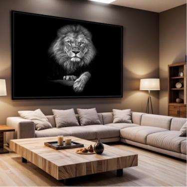 Imagem de Quadro Decorativo com Moldura Sala 40x60 Leão Preto e Branco Luxo Grande Horizontal