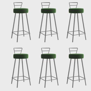 Imagem de Kit 06 Banqueta Alta Com Encosto Tina Eiffel Cozinha Bar Bistrô Ferro Cinza Suede Verde Musgo - Ahz Móveis