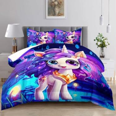 Imagem de Raphus cucullatus Conjunto de edredom de unicórnio, para meninas, roxo, conjunto de cama kawaii, solteiro, sonho fofo
