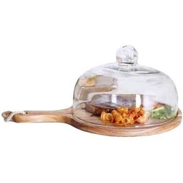 Imagem de Suporte europeu de bolo com cúpula, suporte de bolo, capa de preservação de alimentos domésticos, recipiente de armazenamento de pão, prato ranhurado de madeira e tampa de vidro, cúpula de lanche