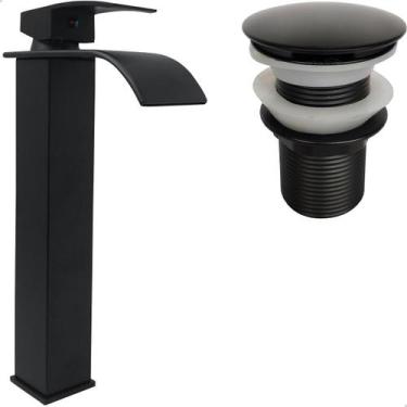 Imagem de Torneira Preta Pia Banheiro Bica Alta Cascata E Válvula Click 1¼ Inox 