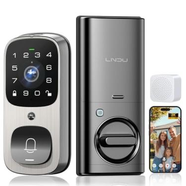 Imagem de LNDU Trava inteligente com câmera, câmera 6 em 1 + campainha + fechadura de porta de entrada sem chave com impressão digital, fechaduras de porta WiFi para porta frontal com 32 GB eMMC, câmera de