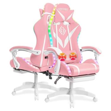 Imagem de HOFFREE Cadeira para jogos com massagem e luzes de LED Cadeiras ergonômicas de videogame com apoio para os pés, cadeira reclinável de computador com suporte lombar ajustável, rosa e branco