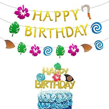 Imagem de Banner de aniversário Moana com glitter JeVenis, 2 peças, Moana, Moana, decoração de aniversário, festa havaiana, aniversário para festa de verão tropical Luau