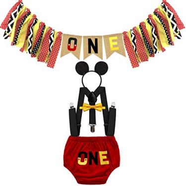 Imagem de HIHCBF Roupas de festa de primeiro aniversário para bebês meninos, fantasia de esmagamento de bolo, faixa para cadeira alta, faixa ONE Bloomers, suspensórios, gravata borboleta vermelha 6-12 meses