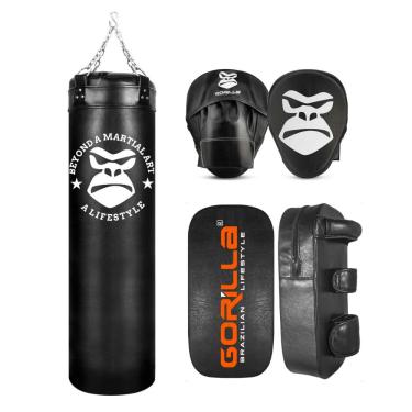 Imagem de Kit Luta Completo Aparador Chute + Manopla Foco Soco + Saco Pancada Boxe Muay Thai 120 Cm Gorilla