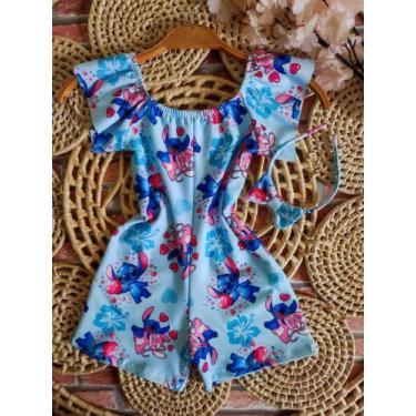 Imagem de Macacão Menina Infantil Temático Stitch Azul RF02 + Arco de Cabelo - a