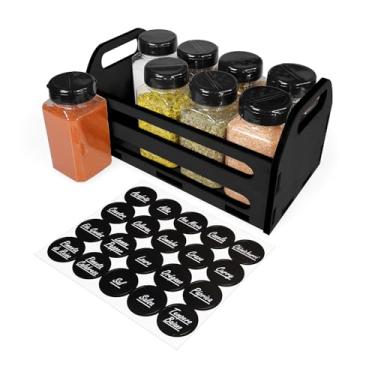 Imagem de Cesta Caixote MDF com Alça + 8 Potes Tempero 220ml de Plástico para Condimentos Especiarias Temperos com Tampa Dosadora Dupla + Adesivos