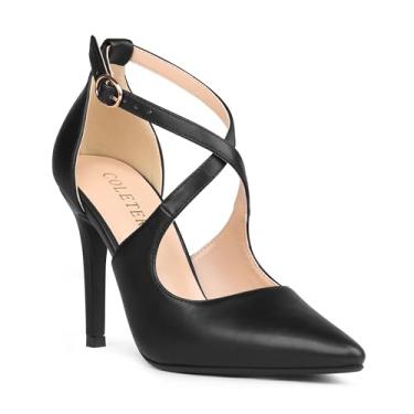 Imagem de COLETER Sapato social feminino de 10 cm bico fino D'Orsay salto alto salto alto cruzado tira no tornozelo, Preto fosco, 35