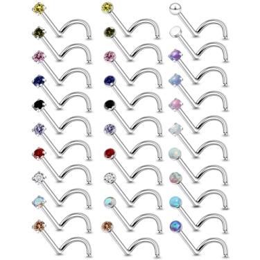 Imagem de Vsnnsns Piercing de nariz 18G, 20G, 22G, joia feminina de aço inoxidável cirúrgico 316L, saca-rolhas em forma de L, opala reta, diamante, zircônia, piercing de narina, joias para mulheres e homens