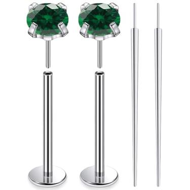 Imagem de Ruifan ASTM F136 titânio bochecha piercing barra joias sem rosca push in flat back língua anéis verde zircônia cúbica sólido titânio labret piercing corporal joias para mulheres homens 14G 16 mm