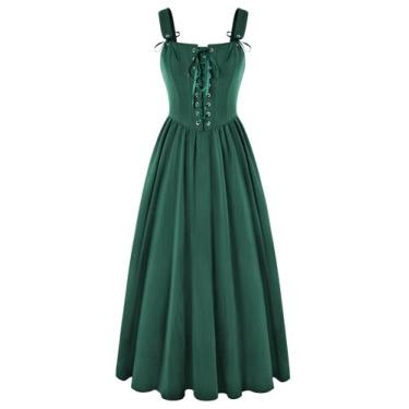 Imagem de Vestido Renascentista Feminino com Cadarço Cottagecore Vestido Longo Sem Mangas Fantasia Medieval, Verde, G