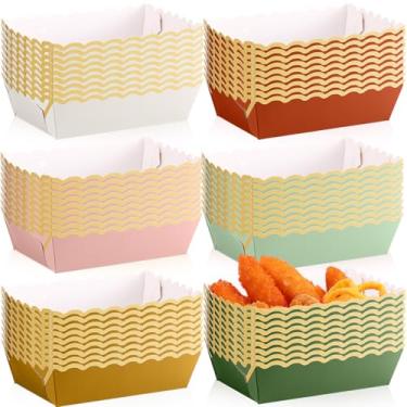 Imagem de Blushtier 60 bandejas de papel para barcos para comida colorida e recortada, suprimentos de festa, Kraft, descartáveis, bandejas de servir nacho com suporte de borda dourada para lanches batatas
