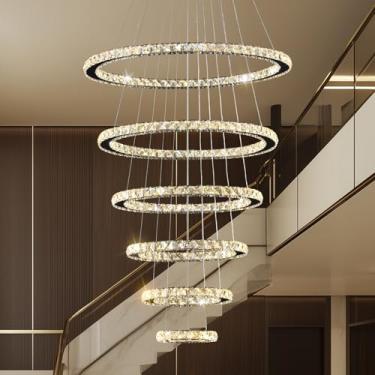 Imagem de 7PMBEANE Lustre De Cristal Moderno Para Teto Alto, Luminárias Luxo Com 6 Anéis Led Sala Jantar, Tetos Grandes, Lustres Hall Entrada, Estar, Escada, D8"-12"-16"-20"-24"-28"