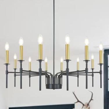 Imagem de LynPon Lustre Preto Dourado Com 12 Lâmpadas, Moderno De Fazenda 37" Para Sala Jantar, Luminária Sobre A Mesa, Grande Suspenso Quarto, Hall, Cozinha, Estar E Entrada