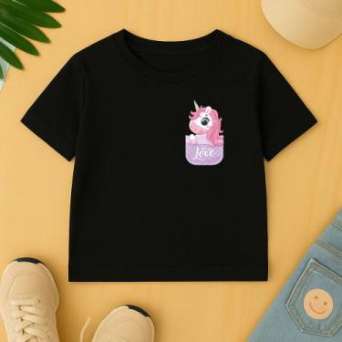 Imagem de Camiseta Infantil Feminina Estamp Unicornio No Bolsinho Fofo Elegante 