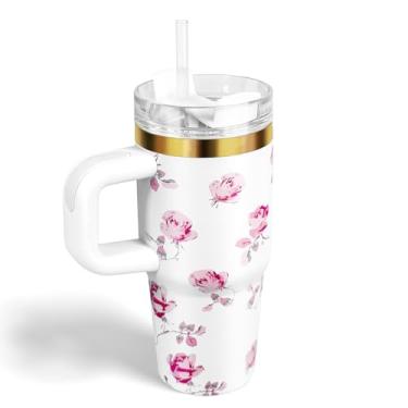 Imagem de BAISHIDA Copo de 400 ml com alça e canudo, copo infantil de 400 ml com tampa e canudo para crianças copos de aço inoxidável, presente de viagem para esportes ao ar livre, escola, mantém as bebidas