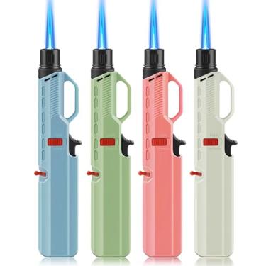 Imagem de Samniu Pacote com 4 isqueiros de tocha, chama de jato ajustável à prova de vento, com trava de segurança, recarregável a gás butano, isqueiros longos para churrasqueira, acampamento, vela, fogão (sem