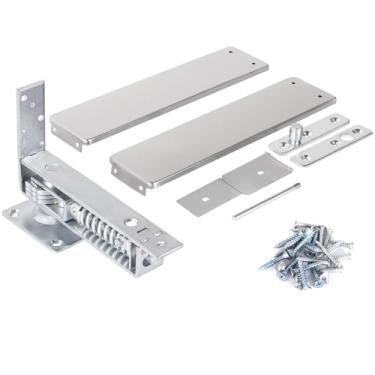 Imagem de Dobradiça de mola de dupla ação, inclui placas de cobertura, dobradiça pivô de mola de aço inoxidável para porta de madeira, ferragens de porta de fechamento automático com eixo telescópico ajustável