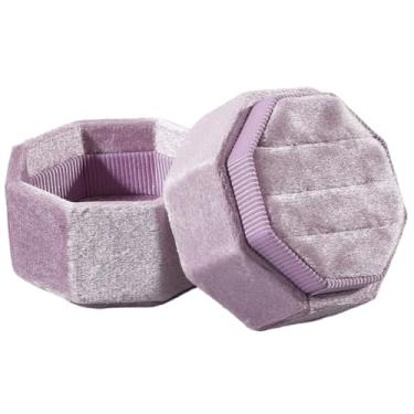 Imagem de SOFPLATE Caixa de anel de veludo de 5 x 5 cm com 3 compartimentos, caixa de presente pequena octógono lilás para exibição de joias para casal, organizador de lembranças, estojo de armazenamento para