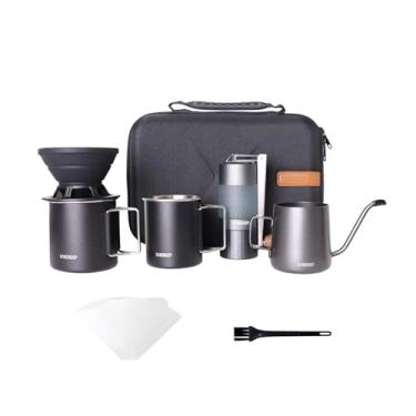 Imagem de vandroop Conjunto de cafeteira portátil tudo em 1 - moedor de café manual com rebarba cônica de aço inoxidável, conjunto de goador de café de silicone dobrável, chaleira de pescoço de ganso