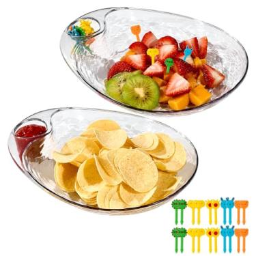 Imagem de Conjunto de pratos transparentes para servir batatas fritas e molhos, 2 peças, bandejas de festa divididas 25 x 21 cm, pratos de aperitivo de jantar de vinho, prato de bolinho de plástico reutilizável