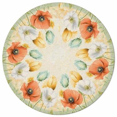 Imagem de Tapete redondo de papoula vermelha e branca para sala de estar 90 cm tapetes redondos florais rústicos em aquarela com flores redondas, tapetes laváveis e macios para quarto, berçário, quarto