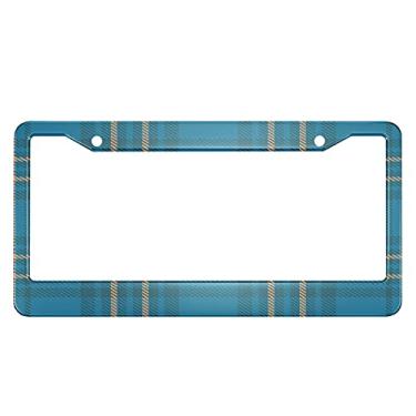 Imagem de Swono Moldura para placa de licença xadrez, azul petróleo e laranja, xadrez, placa de licença de metal de alumínio, suporte para placa de licença para homens e mulheres, decoração automotiva para carro/caminhão dos EUA