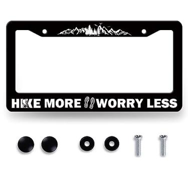 Imagem de Hike More Worry Less Moldura de placa de licença montanhas suporte de placa de carro engraçado aço inoxidável à prova de ferrugem peças automotivas personalizadas capa de placa de licença decoração colorida com parafusos 31,2 cm x 16 cm homens mulheres