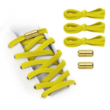 Imagem de YELARXI Cadarços elásticos sem laço com 2 fivelas de metal para adultos, tênis de lona, Amarelo, 39 inch