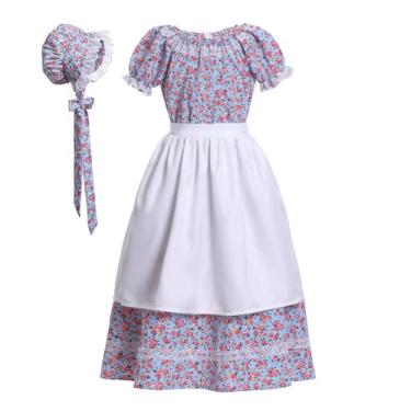 Imagem de Vestidos de pradaria para meninas vestido pioneiro colonial Laura Ingalls Wilder fantasia floral avental chapéu conjunto de 3 peças azul
