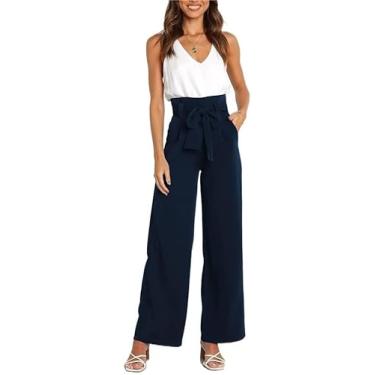 Imagem de Mulheres Calças Com Cinto Perna Larga Calças De Lounge Com Bolsos Tecido Escritório Reto Casual Sólido, Dark Blue, M