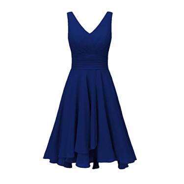 Imagem de XUENWBD Vestidos curtos de dama de honra para mulheres, decote em V duplo, evasê, franzido elegante, vestido de baile de formatura de chiffon com bolsos X12, Azul royal, 50