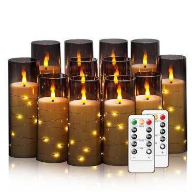 Imagem de Velas sem chama com corda de estrela embutida, 12 peças de velas LED operadas por bateria com controle remoto e temporizador, adequadas para decoração de casa, festa, Natal e casamento (cinza)