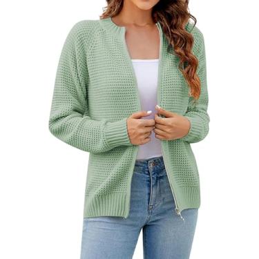Imagem de Cardigans Para Mulheres Curto Com Zíper Cardigan De Malha Grossa Manga Longa Elegante Cardigans Feminino Casaco De Malha Simples Para Mulheres Jaqueta De Inverno Quente E Solta, Mint Green, S