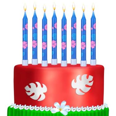 Imagem de Conelist 12 velas de bolo de aniversário de desenho animado velas temáticas de anime rosa e azul folhas e flores de ilha topo de bolo de aniversário para decoração de festa de desenho animado no Havaí