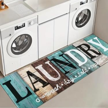 Imagem de LHAIFA Tapete para lavanderia 51 cm x 128 cm azul-petróleo e marrom abstrato madeira antiderrapante tapetes de lavanderia para decoração de lavanderia tapetes laváveis para casa de fazenda, cozinha