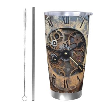 Imagem de HJBNW Copo de aço inoxidável de 590 ml, com tampa e palha, parede dupla, isolada a vácuo, caneca de café, relógio steampunk, copos de café, copo reutilizável, caneca térmica