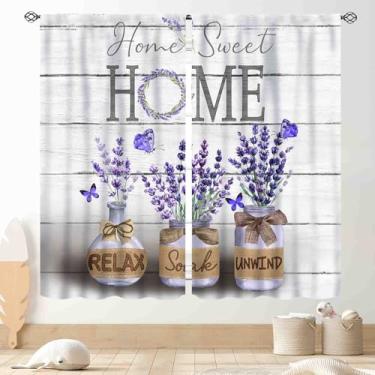 Imagem de Cortinas florais lavanda roxa, fazenda rústica flor roxa primavera campo prancha de madeira casa doce blackout cortinas de janela tratamentos para quarto, sala de estar, cozinha, banheiro, 2 painéis